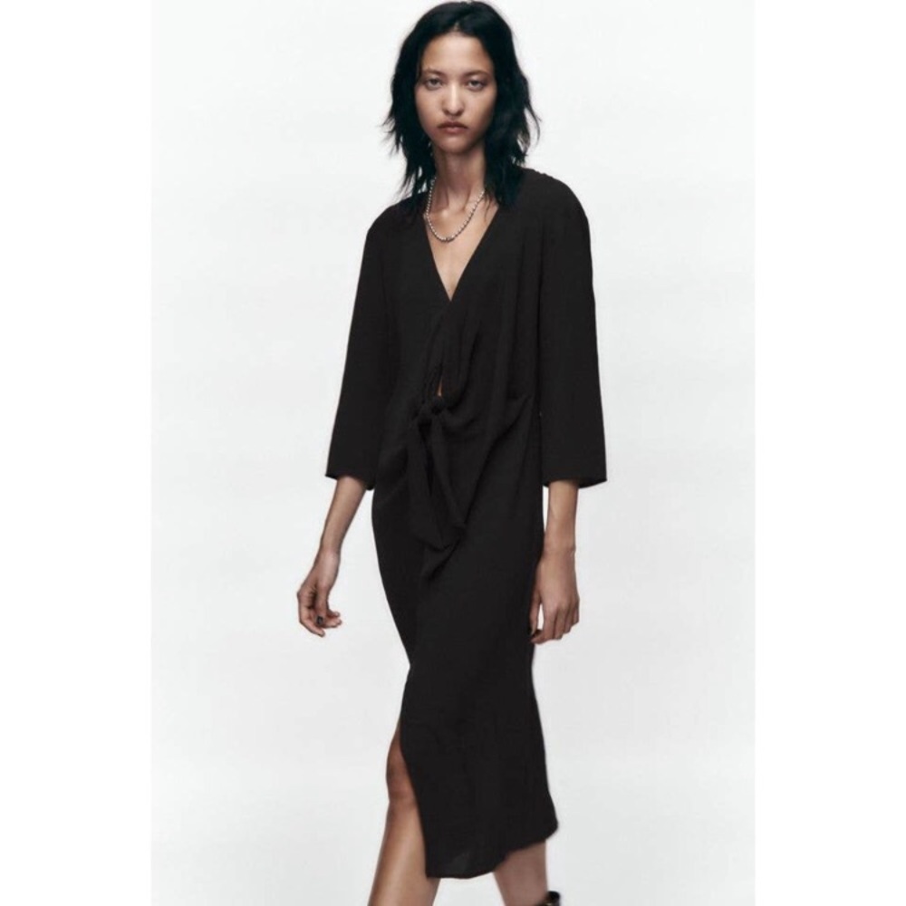 ❤️Zara Black Knotted Fluid Dress 3/4 sleeves Size L
